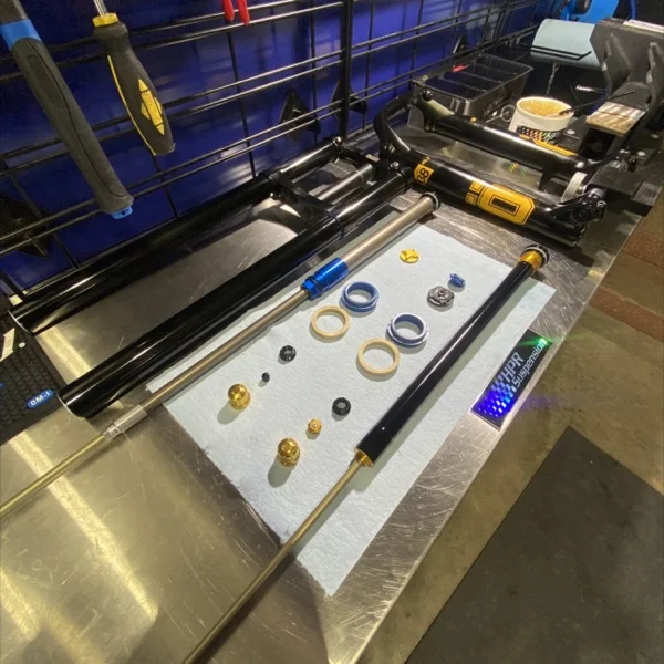 Ohlins fork servicing at HPR Suspension workshop in Terrey Hills, Northern Beaches